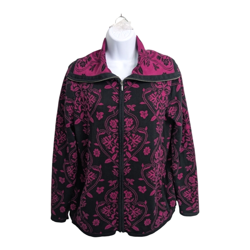 Chico's Silk And Cotton Floral Full Zip Cardigan Sweater Fuchsia Black Pockets L
